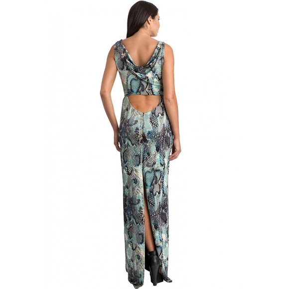 Marisa Kenson Teal Black Snakeskin Print Sleeveless Cut-Out Maxi Dress - XS NWT - Picture 2 of 13